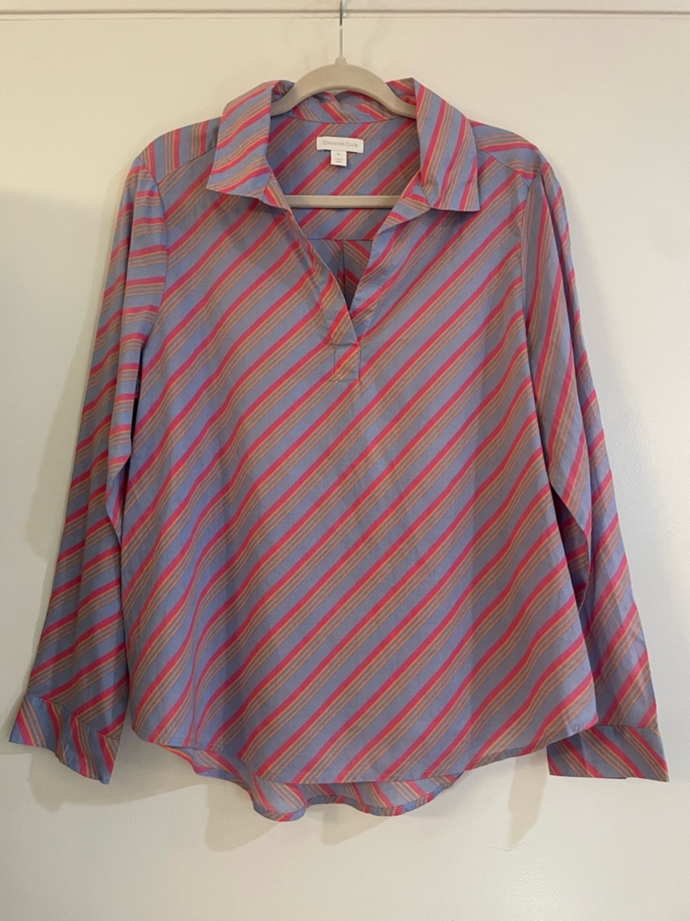 Charter Club Diagonal Striped Button-Down Blouse - Pink Yellow & Blue